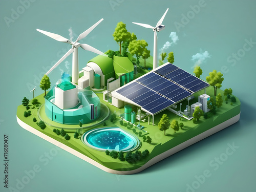 Green hydrogen power plant concept with solar cell and wind turbine energy isometric isolated on a white background design.