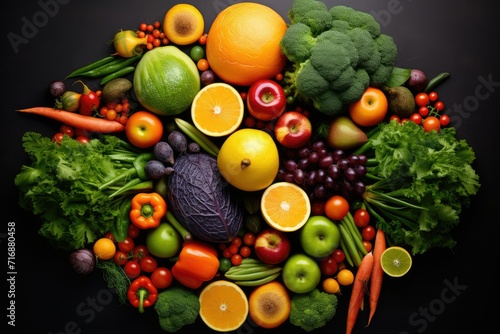 Top view different vegetables with fruits,Top view of different organic fresh fruits and vegetables Ai generated © Tanu