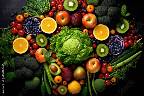 Top view of different organic fresh fruits and vegetables , top view different vegetables with fruits, Ai generated