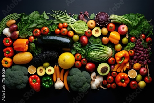 Top view of different organic fresh fruits and vegetables    top view different vegetables with fruits  Ai generated