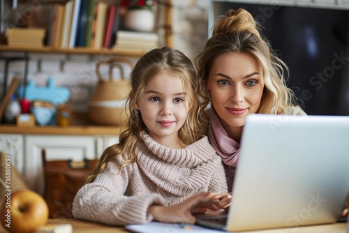 Enchanting Moments of Learning, Mother and Daughter at the Laptop ctrated with generative AI technology