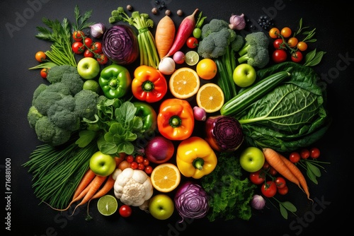 Top view of different organic fresh fruits and vegetables    top view different vegetables with fruits  Ai generated