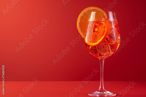 Cocktail Aperol spritz with orange slice on red background