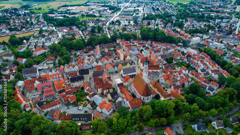 Aerial view of the city Schrobenhausen  on a cloudy day in late Spring in Germany