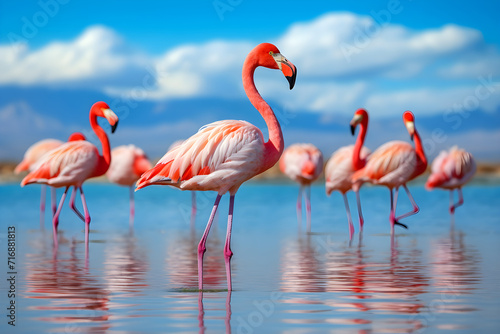 Group birds of pink flamingos walking around the blue lagoon on a sunny day © NOOPIAN