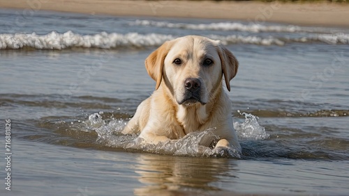 Yellow labrador retriever dog playing on the beach