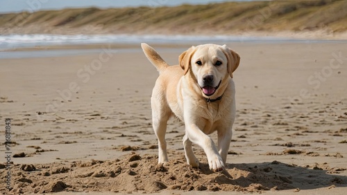 Yellow labrador retriever dog playing on the beach