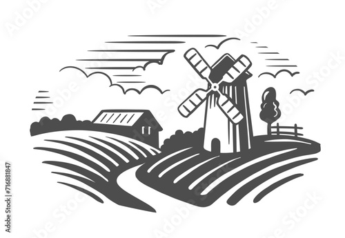 Village vector logo template. Retro Mill and house landscape