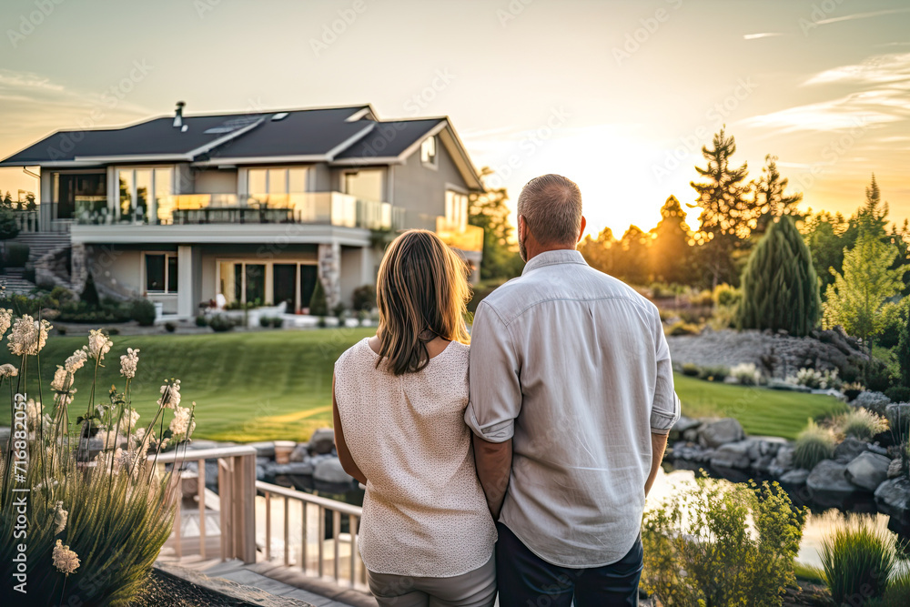Middle age couple embracing in front of their new big modern house, rear view. Buying home of dream. Mortgage loan, insurance concept Middle age couple embracing in front of their new big modern house, rear view. Buying home of dream. Mortgage loan, insurance concept