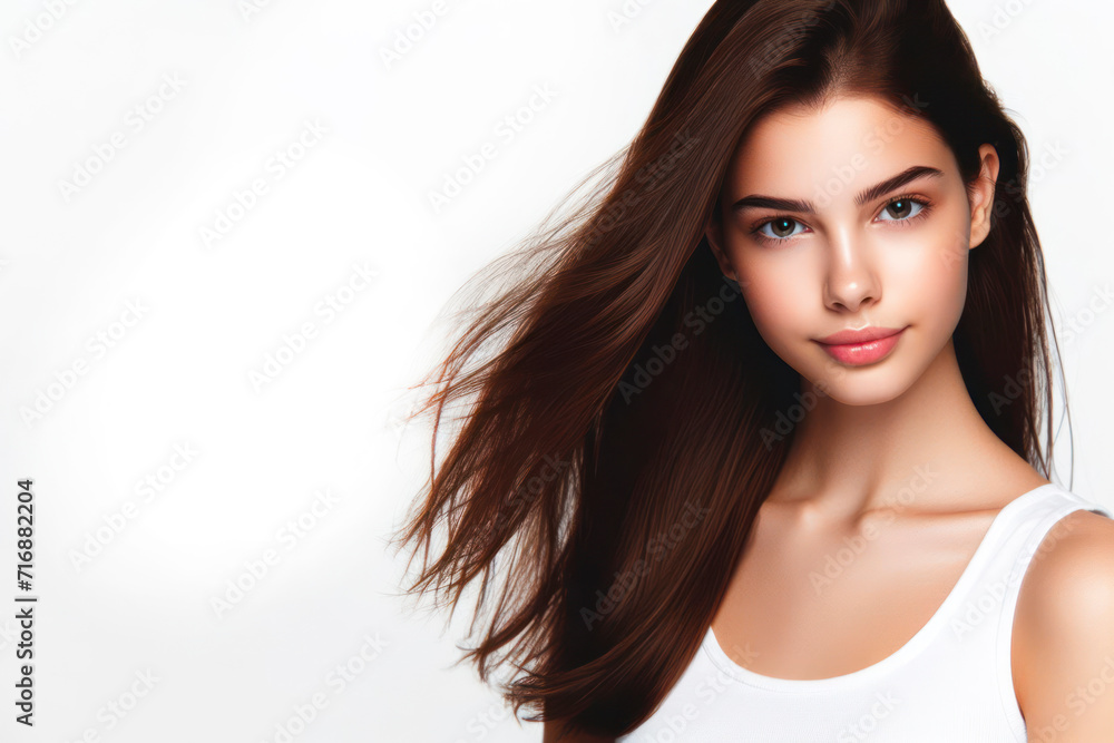 brown haired girl with beautiful dark hair isolated on solid white background. ai generative brown haired girl with beautiful dark hair isolated on solid white background. ai generative
