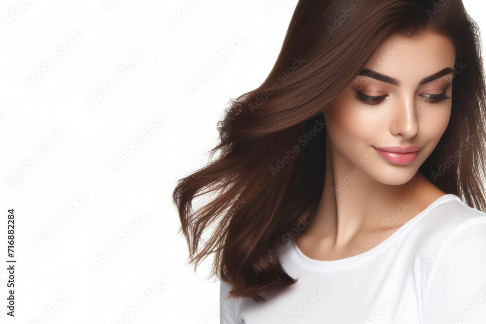 Naklejka premium brown haired girl with beautiful dark hair isolated on solid white background. ai generative