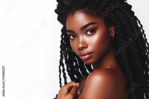 portrait of beautiful black african american woman with curly long braids and bun. ai generative photo