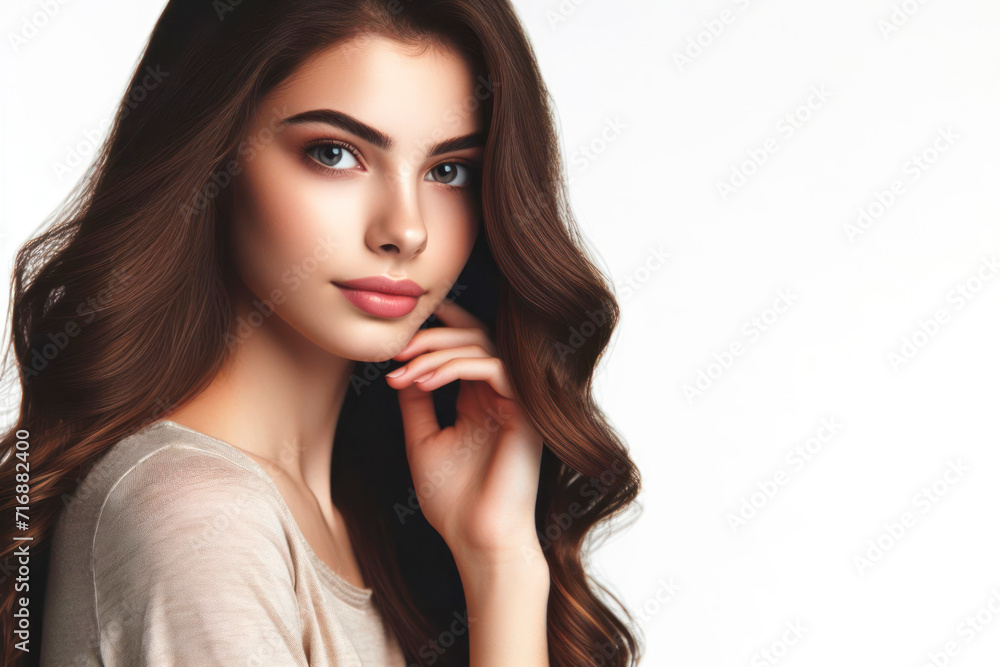 brunette haired girl with beautiful hair isolated on solid white background. ai generative brunette haired girl with beautiful hair isolated on solid white background. ai generative