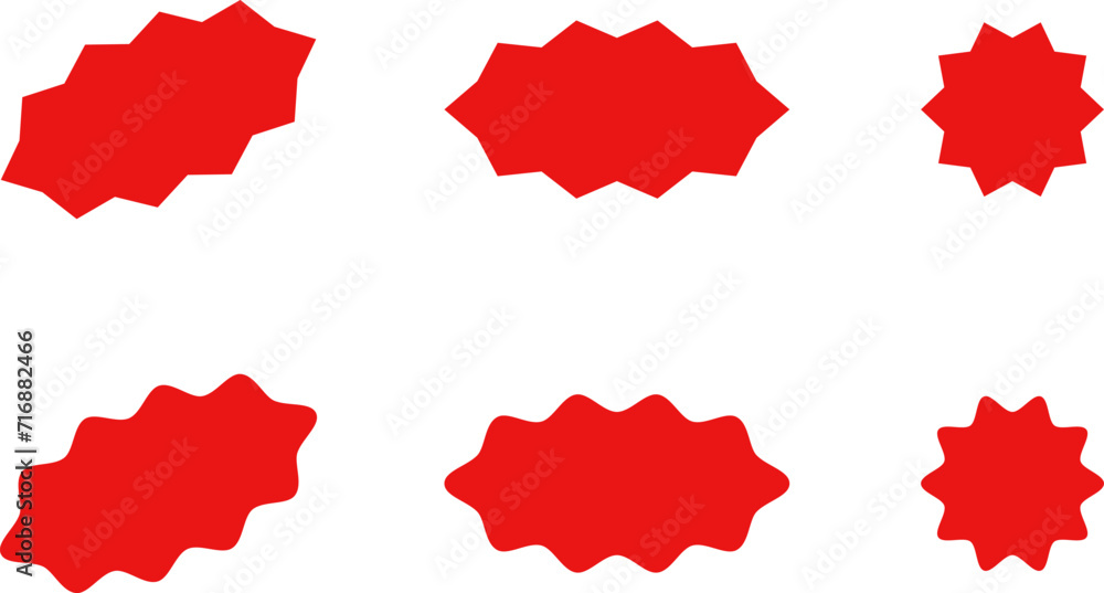 Starburst red sticker set - collection of special offer sale oval and round shaped sunburst labels and badges. Promo stickers with star edges. Vector. Starburst red sticker set - collection of special offer sale oval and round shaped sunburst labels and badges. Promo stickers with star edges. Vector.