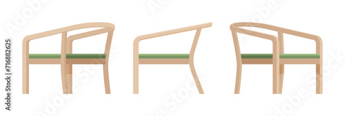 Wooden frame armchair set, beige dining chair. Workroom, kitchen, living room, balcony, tea table, banquet accent. Vector flat style cartoon home or office furniture objects isolated, white background