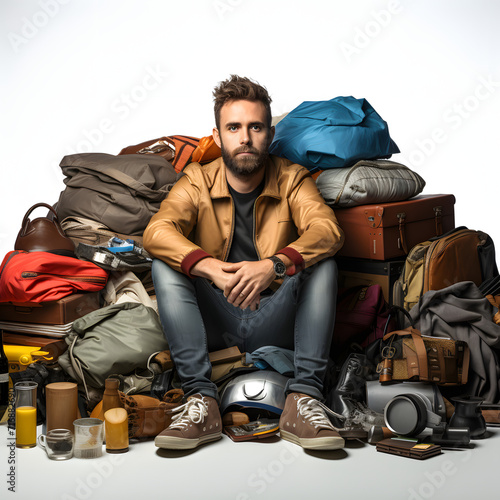 Person hoarding unnecessary items at home isolated on white background, pop-art, png 