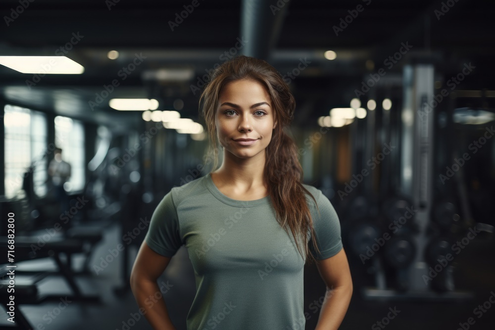 Portrait of a satisfied girl in her 30s lifting weights in a gym. With generative AI technology