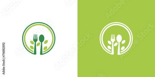 fork and spoon logo design with leaves. organic food design. icon symbol for health restaurant food in simple design