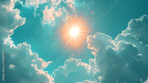 a blue sky with clouds and the sun shining through the clouds in the center of the picture is a bright sun photo