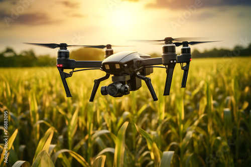 Drone with digital camera flying over the corn field at sunset - Ai Generated © Muhammad