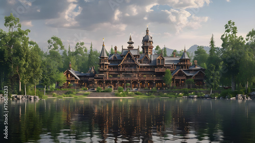 the grandeur of a majestic wooden estate standing tall against the backdrop of a serene lakeside.