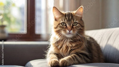Beautiful domestic cat sitting on sofa in living room