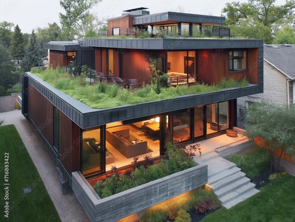Picture of A modern and sustainable home with green roofs and energy-efficient ...