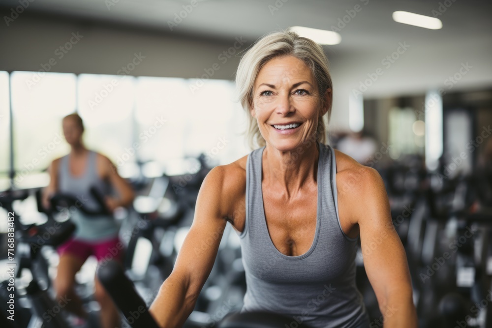 Portrait of a concentrated mature woman doing spinning in a cycling studio. With generative AI technology Portrait of a concentrated mature woman doing spinning in a cycling studio. With generative AI technology