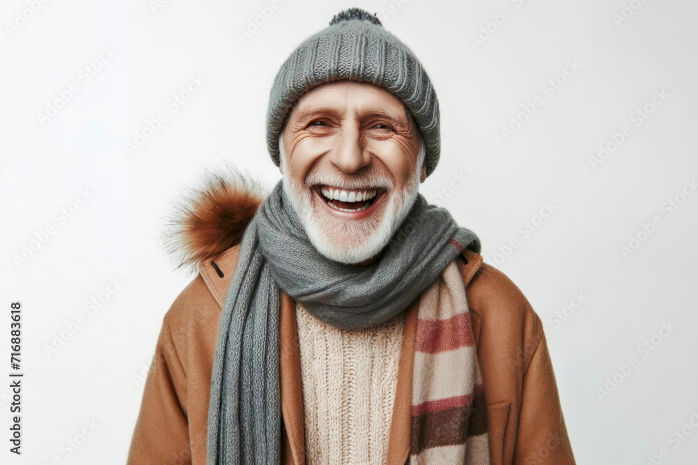 Happy cheerful laughing old man people in winter clothes, hats and scarves solid white background. ai generative Happy cheerful laughing old man people in winter clothes, hats and scarves solid white background. ai generative