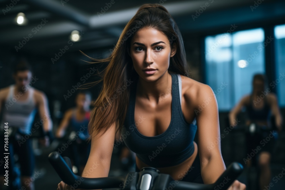 Fototapeta premium Portrait of a focused girl in her 20s doing spinning in a cycling studio. With generative AI technology