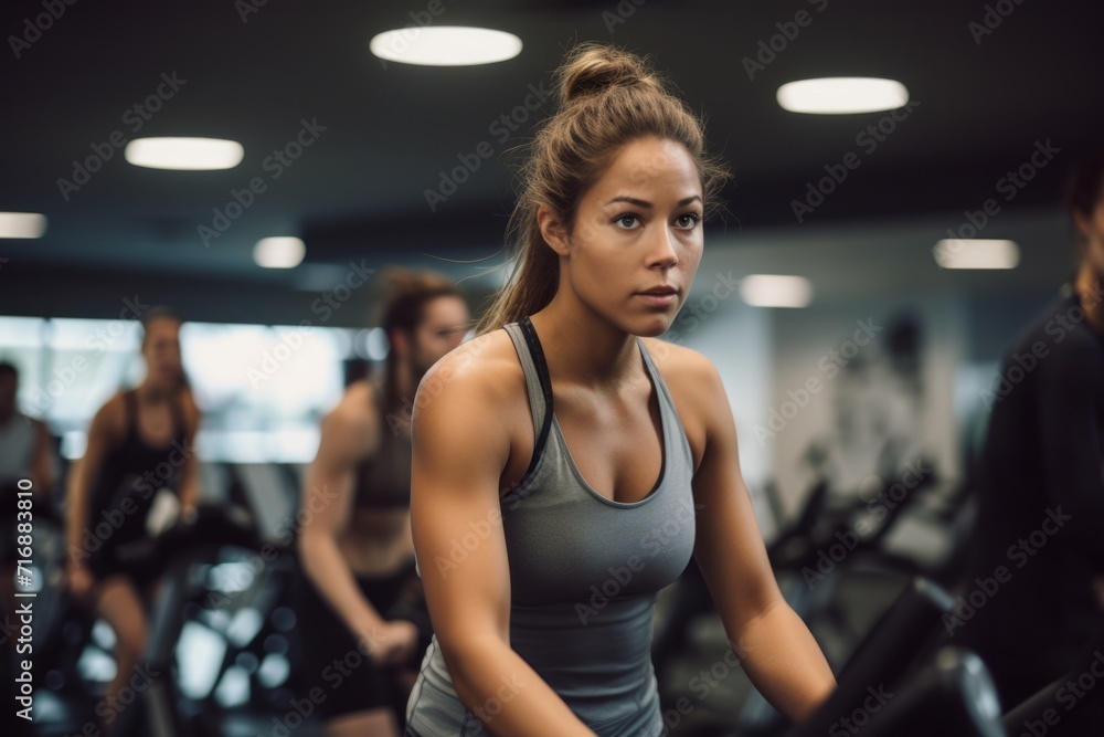 Portrait of a focused girl in her 20s doing spinning in a cycling studio. With generative AI technology