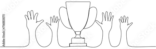 Hands with trophy cup continuous line drawn. Victory concept. Vector illustration isolated on white.