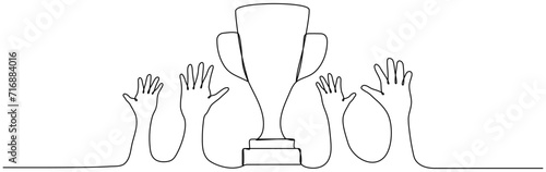 Hands with trophy cup continuous line drawn. Victory concept. Vector illustration isolated on white.