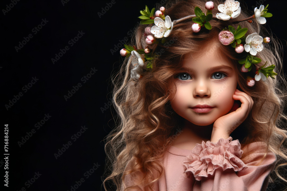 little girl with curly hair and spring blooming flowers inside hair on solid black bright background. ai generative little girl with curly hair and spring blooming flowers inside hair on solid black bright background. ai generative