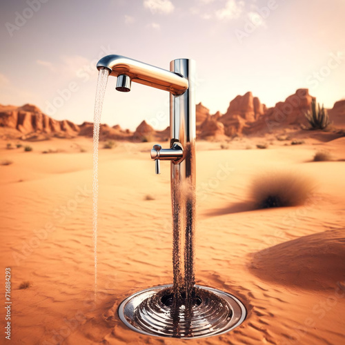Abstract water faucet in the desert.  © Lednev