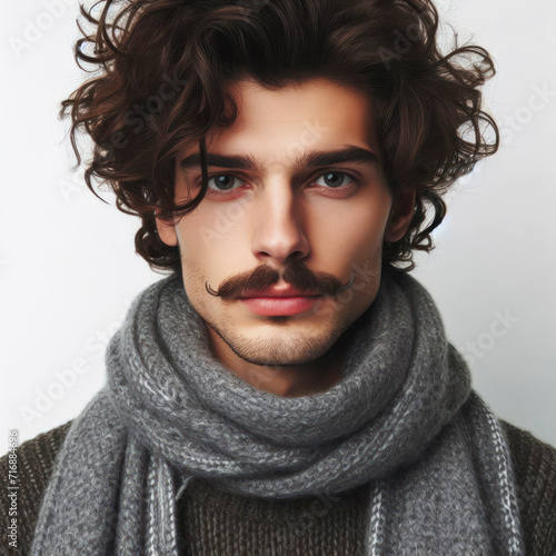 Man with curly hair and mustache wear scarf on solid white background. ai generative