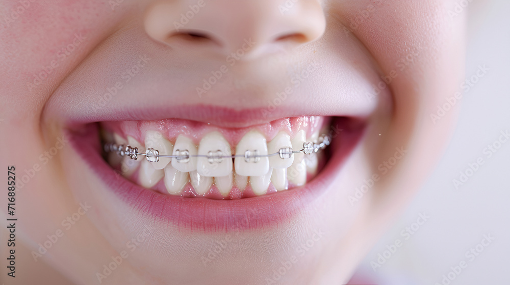 Fototapeta premium Close-up of a happy child's smile with healthy white teeth with metal braces. Pediatric dentistry concept