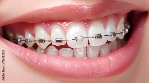 Close-up of a happy smile of a young woman with healthy white teeth with metal braces decorated with rhinestones. Dentistry concept