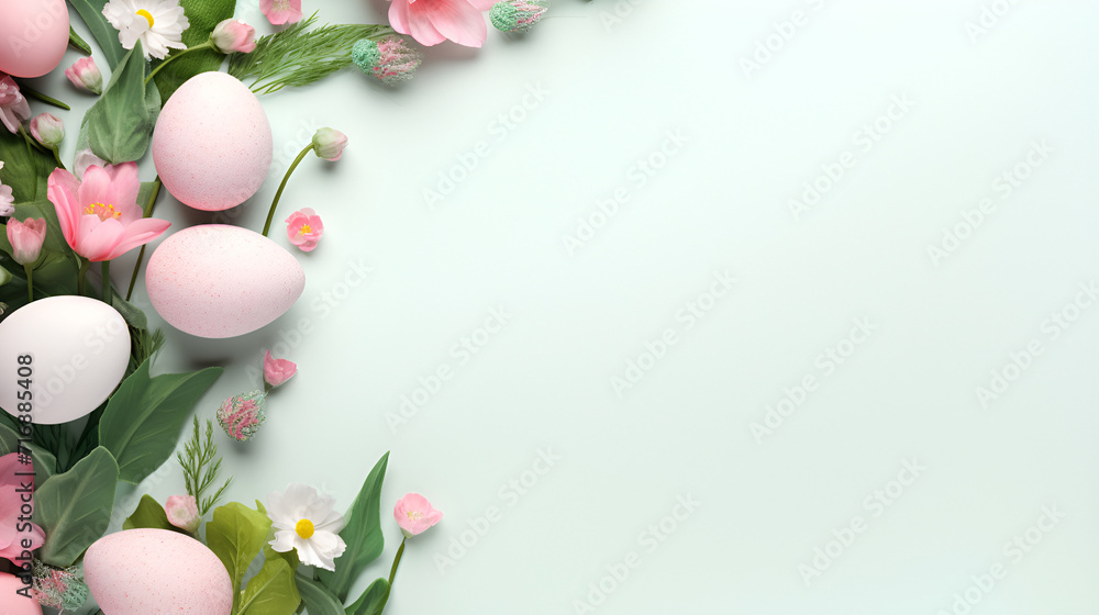 Delicate Easter background with eggs in pastel pink colors with spring pink tulips on a light green background with copy space