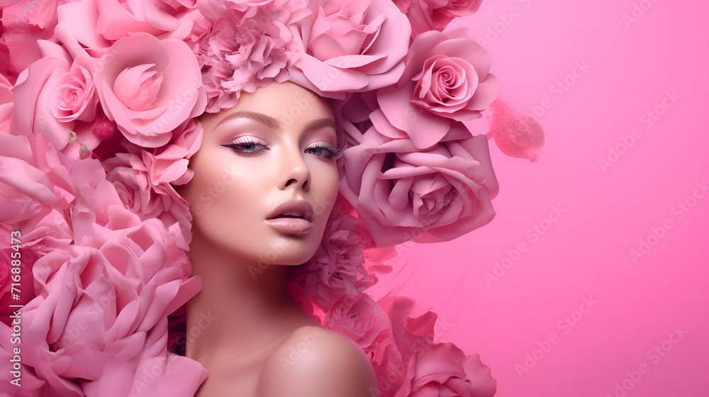 Beauty Art girl blonde with pink peonies flowers in her hair and professional makeup, on a studio pink background with copy space. The concept of naturalness of cosmetic products and cosmetology. Beauty Art girl blonde with pink peonies flowers in her hair and professional makeup, on a studio pink background with copy space. The concept of naturalness of cosmetic products and cosmetology.