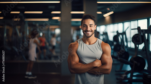Muscular arabian man in sportswear  smiling and looking at the camera on the background of the gym. Personal trainer. The concept of a healthy lifestyle and sports.