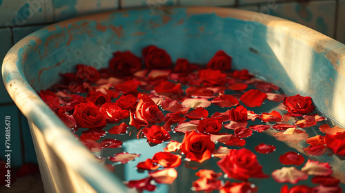The mystical scent of roses in the bathroom: the mystery of the petals, the play of light and water	
