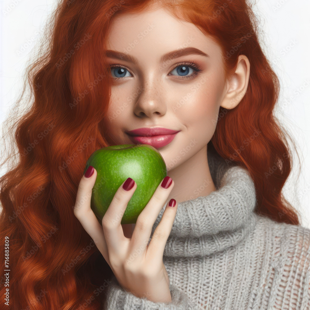 Red-haired woman eating an green apple isolated on solid white background. ai generative Red-haired woman eating an green apple isolated on solid white background. ai generative
