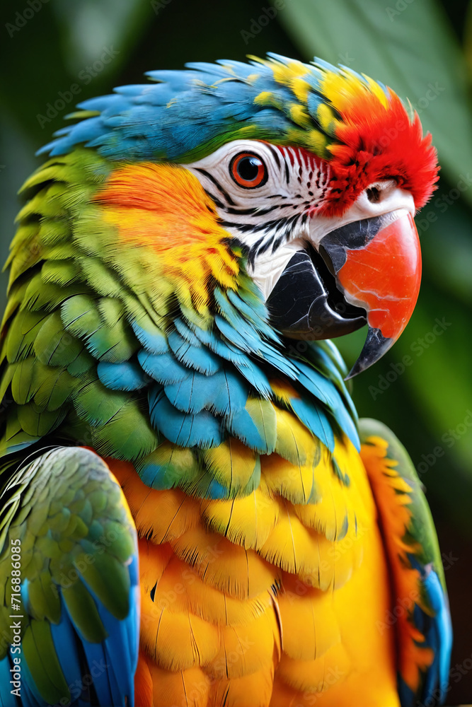 Close-up portrait of a beautiful colorful parrot with vibrant feathers