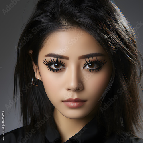 A chinese woman applying eyeliner in front of a mirror isolated on white background, cinematic, png 
