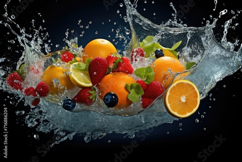 Fresh fruit splashing into clear water  Fresh fruits into clear water splash background  panorama wallpaper with fruits in the water fresh  Ai generated