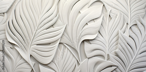 a white and tan background, with a tropical leaf pattern, in the style of contour line, light black and gray, extruded design, luminous colors, punctured canvases, soft-edged, carving