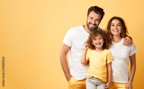 shot of happy family wearing white shirts, stand smiling isoalted over yellow studio background photo