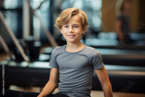 Portrait of a handsome kid male practicing pilates in a studio. With generative AI technology