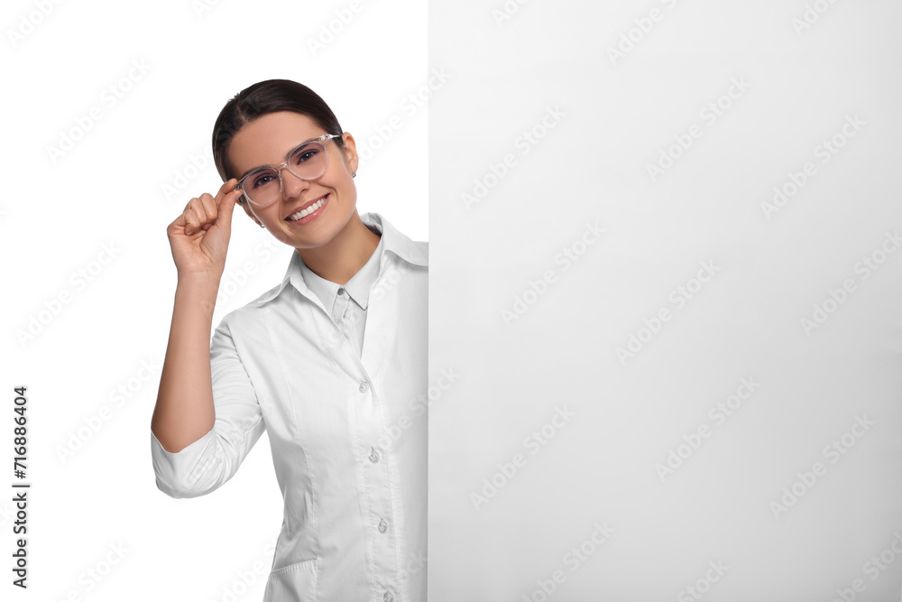 Ophthalmologist with blank banner on white background, space for text Ophthalmologist with blank banner on white background, space for text